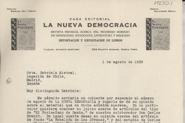 [Carta] 1933 ago. 1, Nueva York, [EE.UU.] [a] Gabriela Mistral, Legación de Chile, Madrid, España