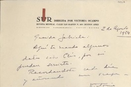 [Carta] 1954 ago. 2, [Buenos Aires], [Argentina] [a] Gabriela [Mistral]