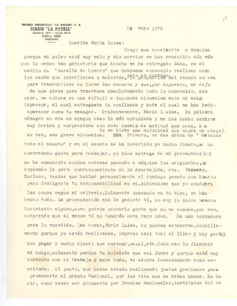 [Carta], 1976 may. 26 Viña del Mar <a> María Luisa Bombal