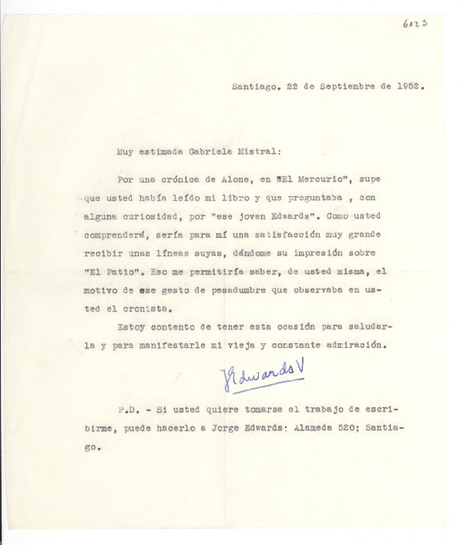 [Carta] 1952 sept. 22, Santiago, [Chile] [a] Gabriela Mistral