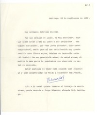 [Carta] 1952 sept. 22, Santiago, [Chile] [a] Gabriela Mistral