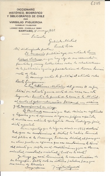 [Carta] 1933 mayo 15, Santiago [a] Gabriela Mistral, Puerto Rico