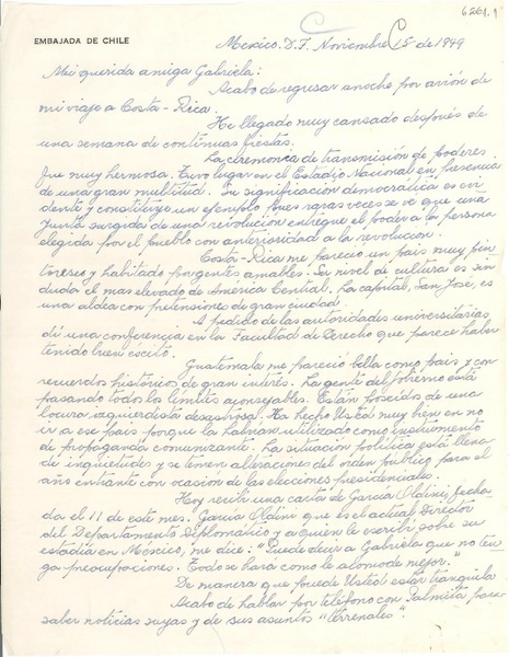 [Carta] 1949 nov. 15, México D.F. [a] Gabriela [Mistral]
