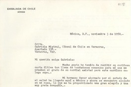 [Carta] 1950 nov. 3, México D.F. [a] Gabriela Mistral, Veracruz, [México]