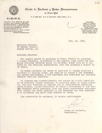 [Carta] 1955 feb. 18, New York [a] Gabriela Mistral, Roslyn Harbor, [Estados Unidos]
