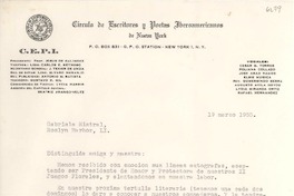 [Carta] 1955 mar. 19, New York [a] Gabriela Mistral, Roslyn Harbor, [Estados Unidos]