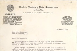 [Carta] 1955 sept. 18, New York [a] Gabriela Mistral, Roslyn Harbor, [Estados Unidos]