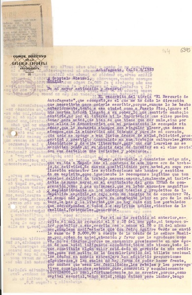 [Carta] 1933 jul. 8, Antofagasta [a] Gabriela Mistral, Madrid