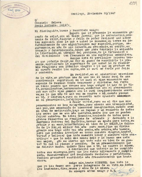 [Carta] 1947 nov. 20, Santiago [a] Consuelo Saleva, Santa Bárbara