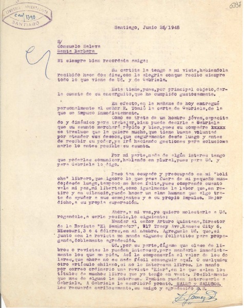 [Carta] 1948 jun. 26, Santiago [a] Consuelo Saleva, Santa Bárbara