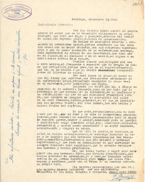 [Carta] 1948 nov. 19, Santiago [a] Gabriela Mistral