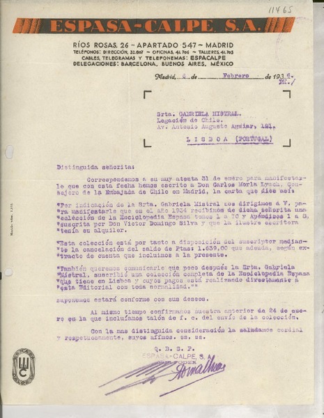 [Carta] 1936 feb. 6, Madrid, [España] [a la] Srta. Gabriela Mistral, Legación de Chile, Lisboa, Portugal