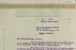[Carta] 1936 jun. 22, Madrid, [España] [a la] Sra. Doña Gabriela Mistral, Cónsul de Chile, Lisboa, Portugal