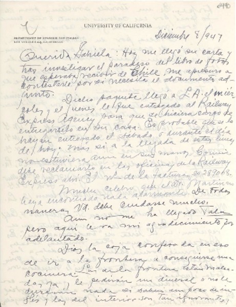 [Carta] 1947 dic. 8, Los Ángeles, California [a] Gabriela Mistral