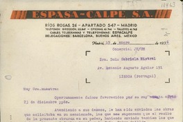 [Carta] 1936 ene. 15, Madrid, [España] [a] Sra. Doña Gabriela Mistral, Av. Antonio Augusto Aguiar 191, Lisboa (Portugal)