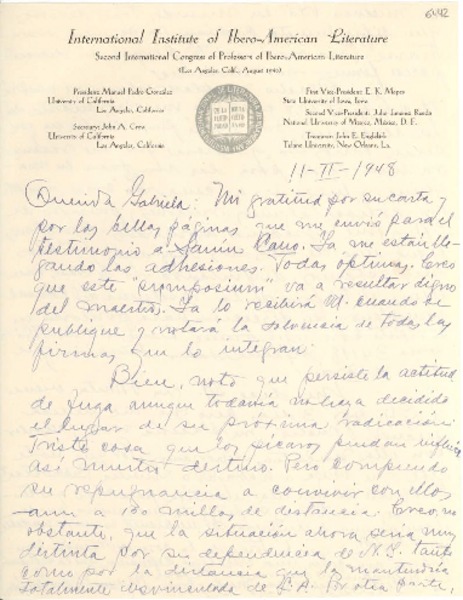 [Carta] 1948 feb. 11, Los Ángeles, California [a] Gabriela Mistral