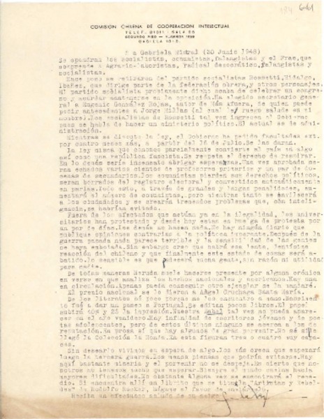 [Carta] 1948 jun. 30, [Santiago, Chile] [a] Gabriela [Mistral]