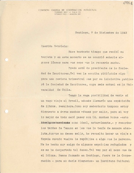 [Carta] 1943 dic. 2, Santiago [a] Gabriela Mistral