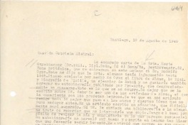 [Carta] 1949 ago. 10, Santiago, [Chile] [a] Gabriela Mistral