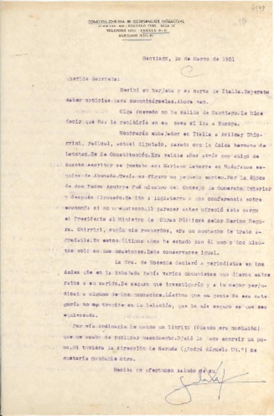 [Carta] 1951 mar. 16, Santiago, [Chile] [a] Gabriela [Mistral]