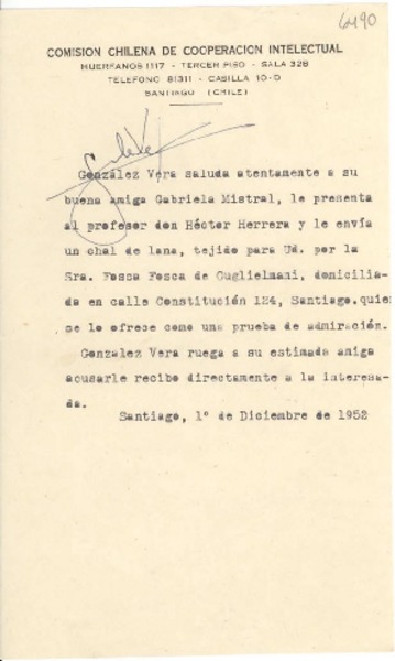 [Carta] 1952 dic. 1, Santiago, [Chile] [a] Gabriela Mistral