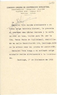 [Carta] 1952 dic. 1, Santiago, [Chile] [a] Gabriela Mistral