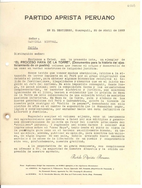 [Carta] 1933 abr. 25, Guayaquil, [Ecuador] [a] Gabriela Mistral, París, [Francia]