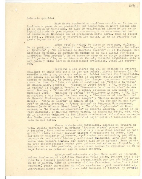 [Carta] 1954 mayo 26, [Santiago, Chile] [a] Gabriela [Mistral]