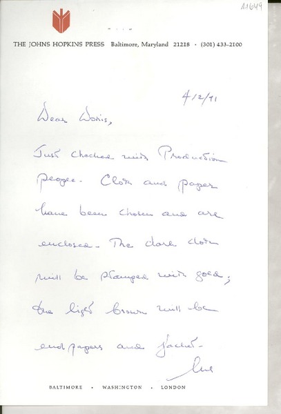 [Carta] 1971 Apr. 2, Baltimore, Maryland, [EE.UU.] [a] Dear Doris [Dana], [EE.UU.]