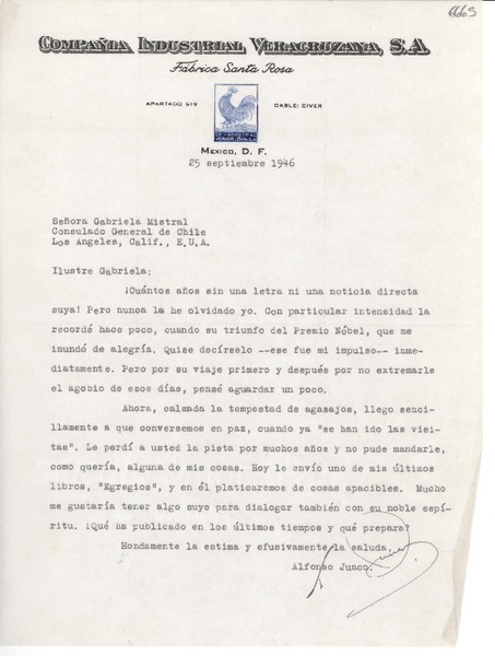 [Carta] 1946 sept. 25, México D. F. [a] Gabriela Mistral, Los Ángeles, California