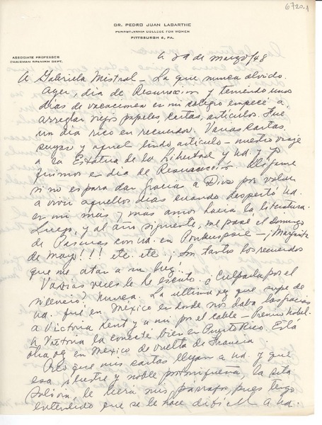 [Carta] 1948 mar., Pittsburgh, Pennsylvania [a] Gabriela Mistral