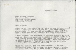[Carta] 1969 Aug. 5, Bridgehampton, New York, [Estados Unidos] [a] Miss Barbara Parmelee, Humanities Editor The Johns Hopkins Press, Baltimore, Maryland