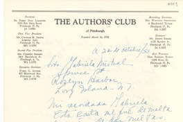 [Carta] 1953 oct. 22, Pittsburgh, Pennsylvania [a] Gabriela Mistral, Long Island, [New York]