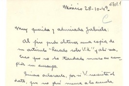 [Carta] 1949 oct. 28, México [a] Gabriela Mistral