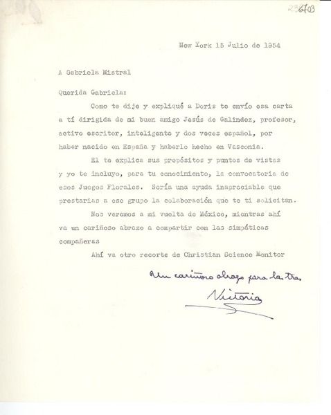 [Carta] 1954 jul. 15, New York [a] Gabriela Mistral