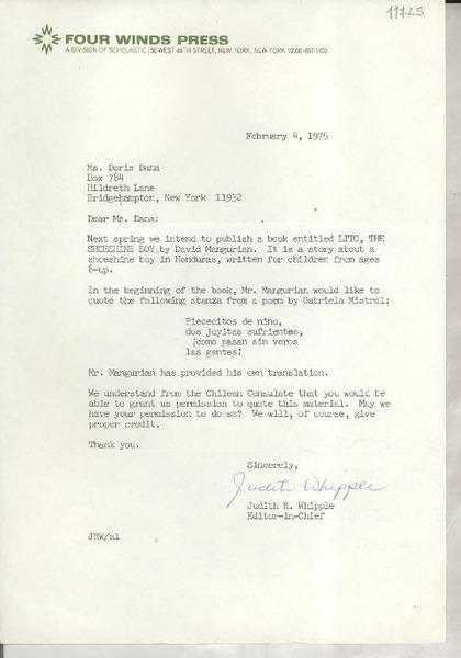 [Carta] 1975 Feb. 4, [New York, Estados Unidos] [a] Ms. Doris Dana, Box 784 Hildreth Lane, Bridgehampton, New York