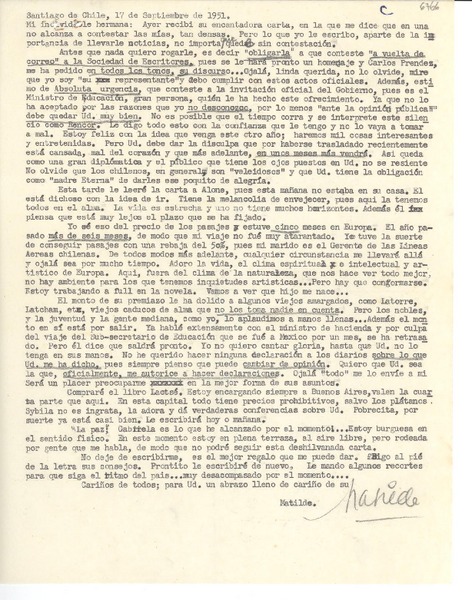 [Carta] 1951 sept. 17, Santiago, Chile [a] [Gabriela Mistral]