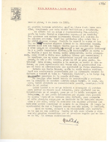 [Carta] 1952 jun. 9, Buenos Aires [a] Gabriela Mistral