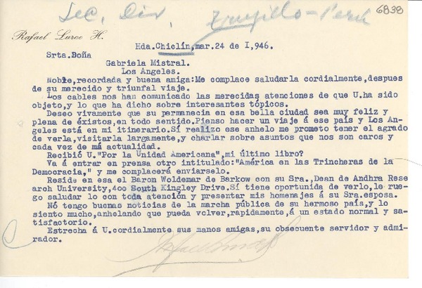 [Carta] 1946 mar. 24, Hda. Chiclín, [Trujillo, Perú] [a] Gabriela Mistral, Los Ángeles