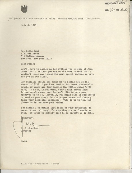 [Carta] 1975 July 8, Baltimore, Maryland, [EE.UU.] [a] Ms. Doris Dana, New York, New York, [EE.UU.]