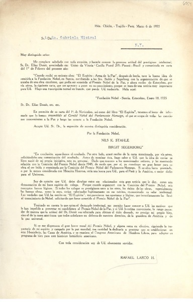 [Carta] 1955 mar. 6, Hda. Chiclín, Trujillo, Perú [a] Gabriela Mistral, [Nueva York, EE.UU.]