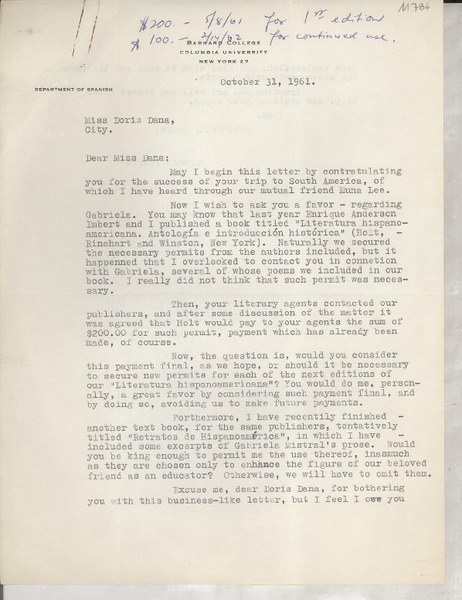 [Carta] 1961 Oct. 31, Barnard College, Columbia University, New York, [EE.UU.] [a] Miss Doris Dana, City, [EE.UU.]