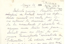 [Carta] [1950] mar. 16, [Miraflores, Lima, Perú] [a] Gabriela [Mistral]