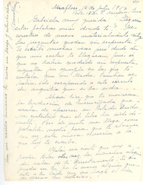 [Carta] 1950 jul. 16, Miraflores, [Perú] [a] Gabriela [Mistral]