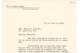[Carta] 1939 ene. 25, San Juan, Puerto Rico [a] Gabriela Mistral, St. Agustine, Fla.