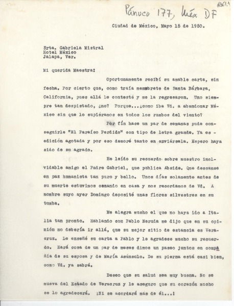 [Carta] 1950 mayo 15, Ciudad de México [a] Gabriela Mistral, Jalapa