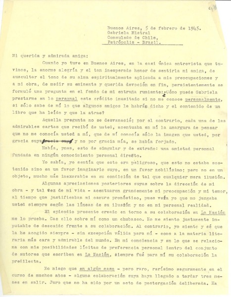 [Carta] 1945 feb. 5, Buenos Aires [a] Gabriela Mistral, Petrópolis, Brasil