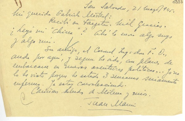 [Carta] 1945 mayo 21, San Salvador [a] Gabriela Mistral
