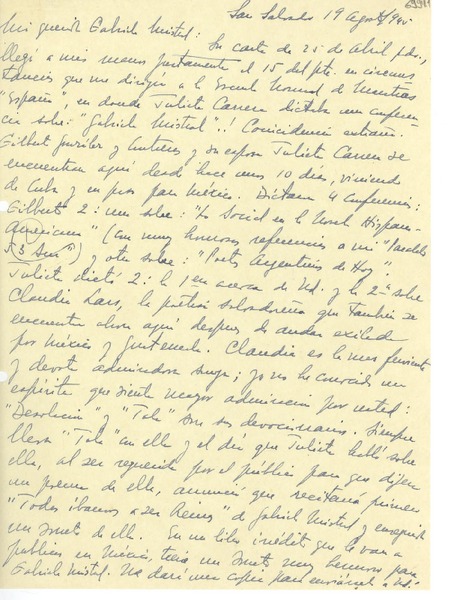 [Carta] 1945 ago. 19, San Salvador [a] Gabriela Mistral