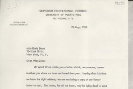 [Carta] 1958 May 22, [Rio Piedras, Puerto Rico] [a] Miss Doris Dana, New York, N. Y.